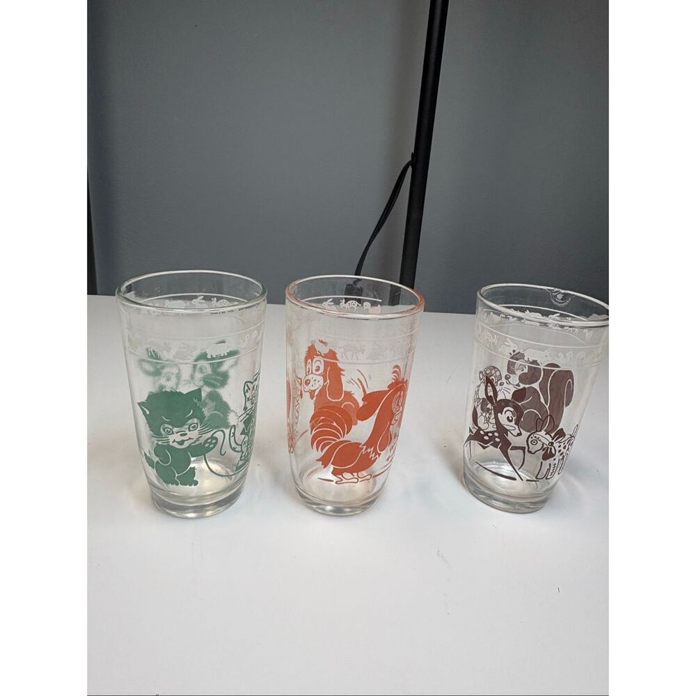 Vintage Animal Character Juice Glasses Set of 3 Cat Rooster Squirrel Farm Kids